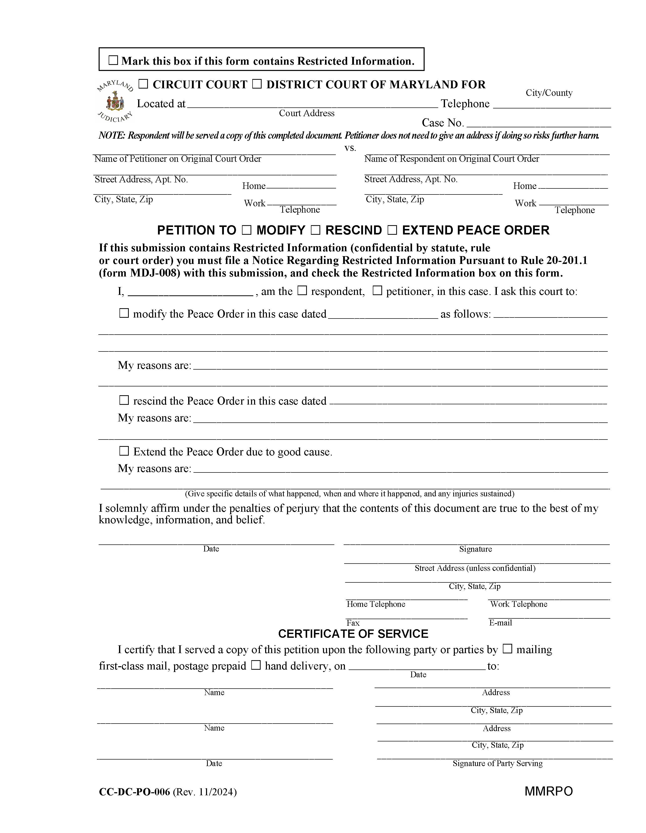 Petition To Modify Or Rescind Peace Order {DC-PO 6} | Pdf Fpdf Docx | Maryland