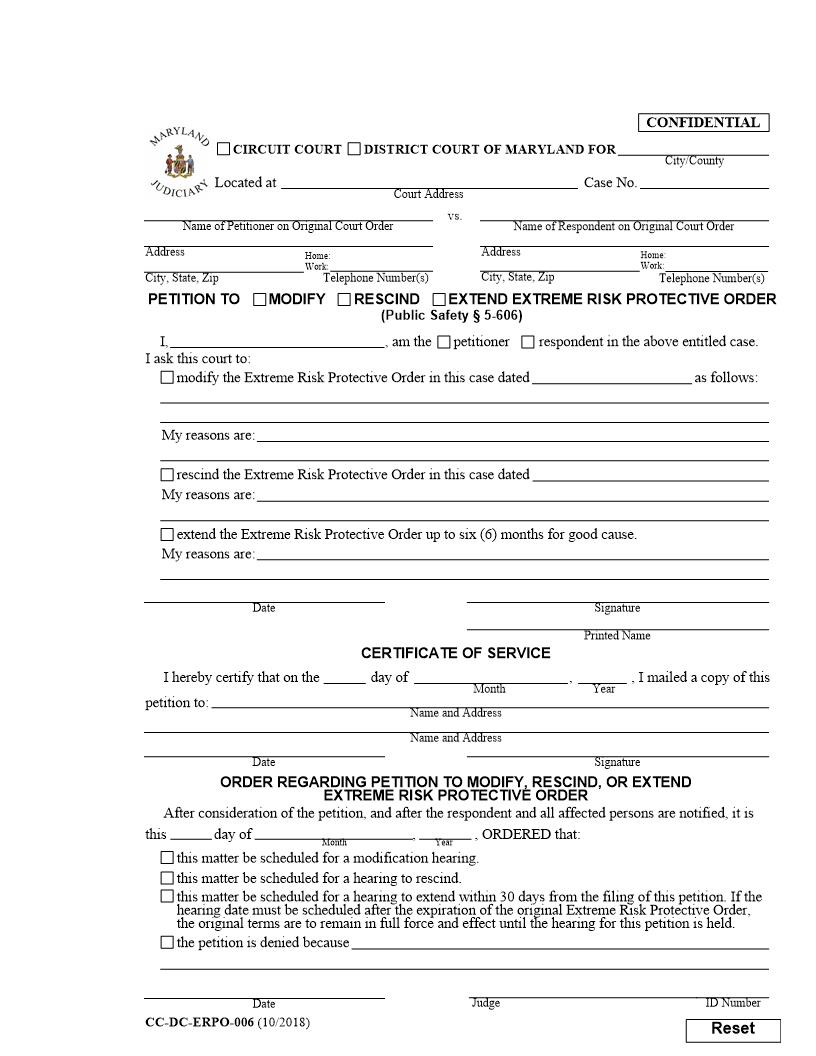 Petition To Modify Rescind Extend Extreme Risk Protective Order {CC-DC-ERPO-006} | Pdf Fpdf Docx | Maryland