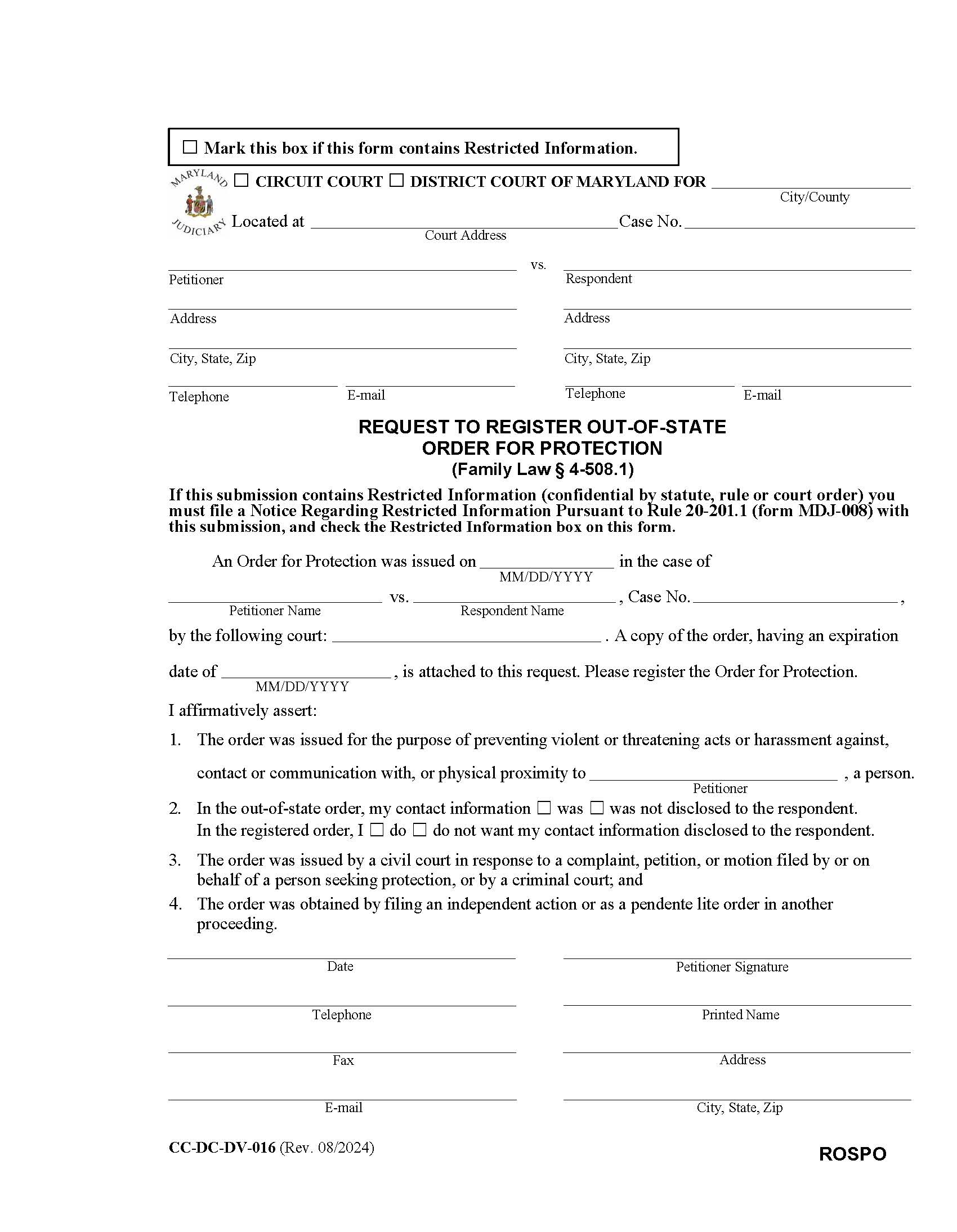 Request To Register Out Of State Order Of Protection {CC-DC-DV 16} | Pdf Fpdf Doc Docx | Maryland