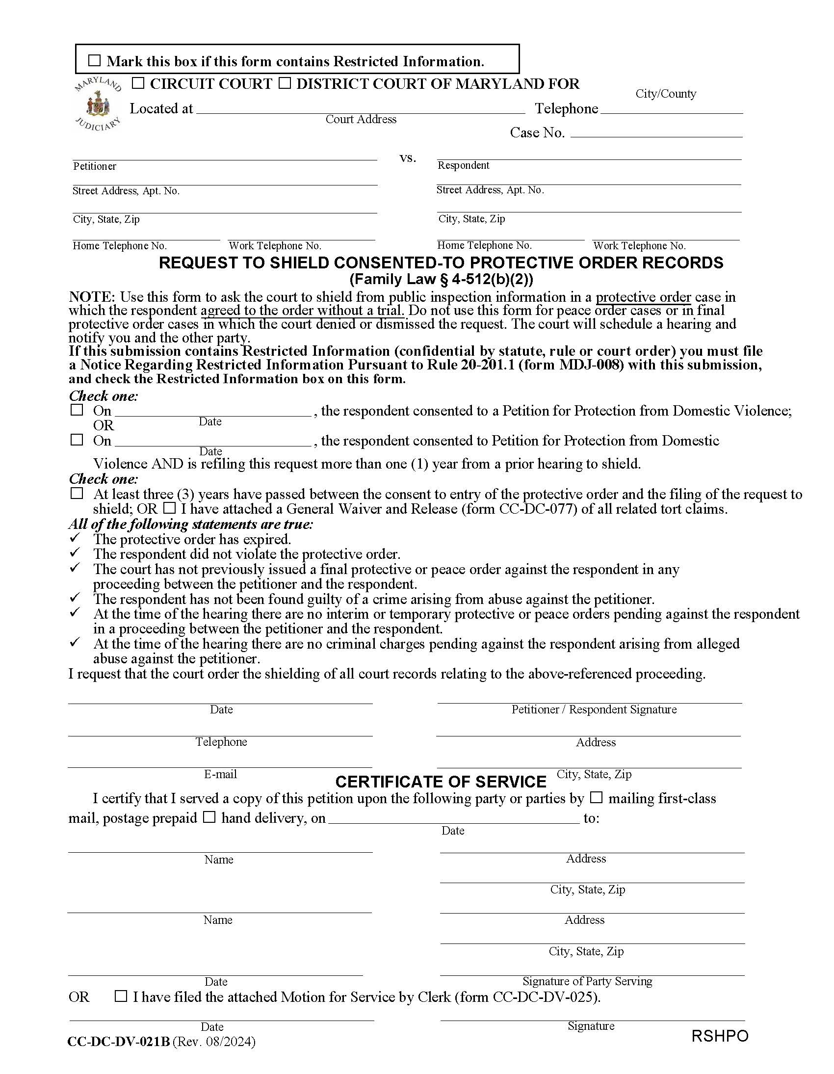 Request To Shield Consented -To Protective Order Records {CC-DC-DV-021B} | Pdf Fpdf Docx | Maryland