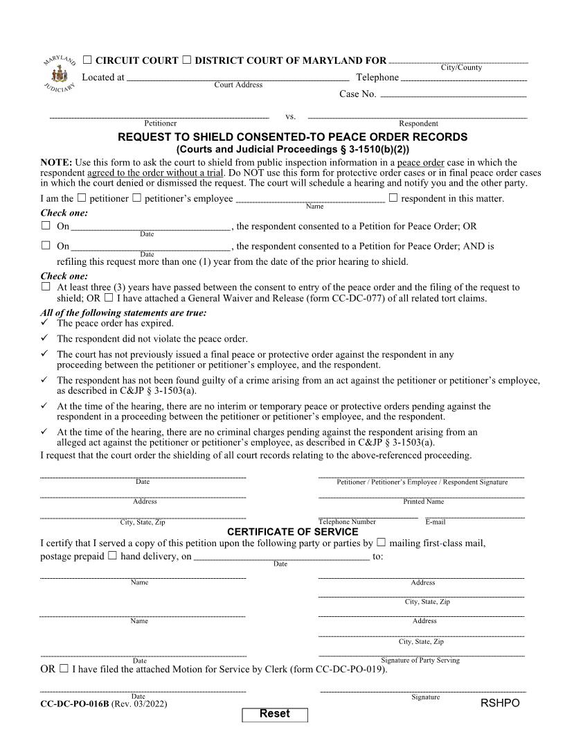 Request To Shield Consented To Peace Order Records {CC-DC-PO-16B} | Pdf Fpdf Doc Docx | Maryland