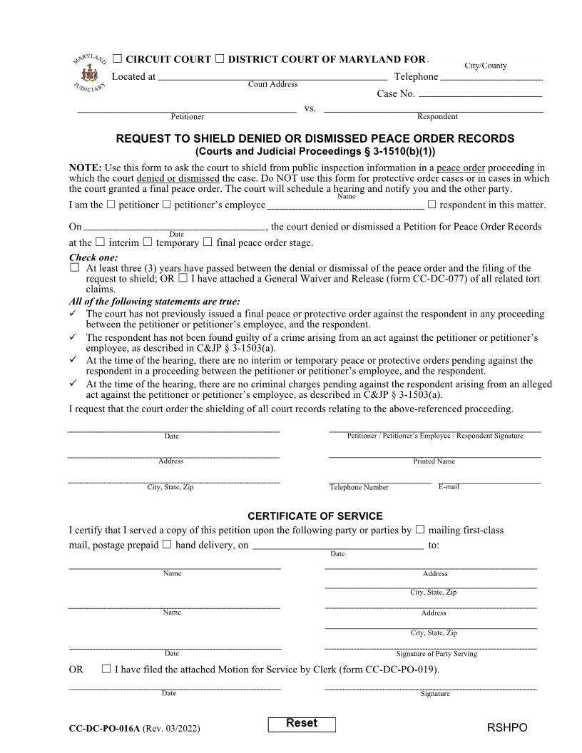 Request To Shield Denied Or Dismissed Peace Order Records {CC-DC-PO-16A} | Pdf Fpdf Doc Docx | Maryland