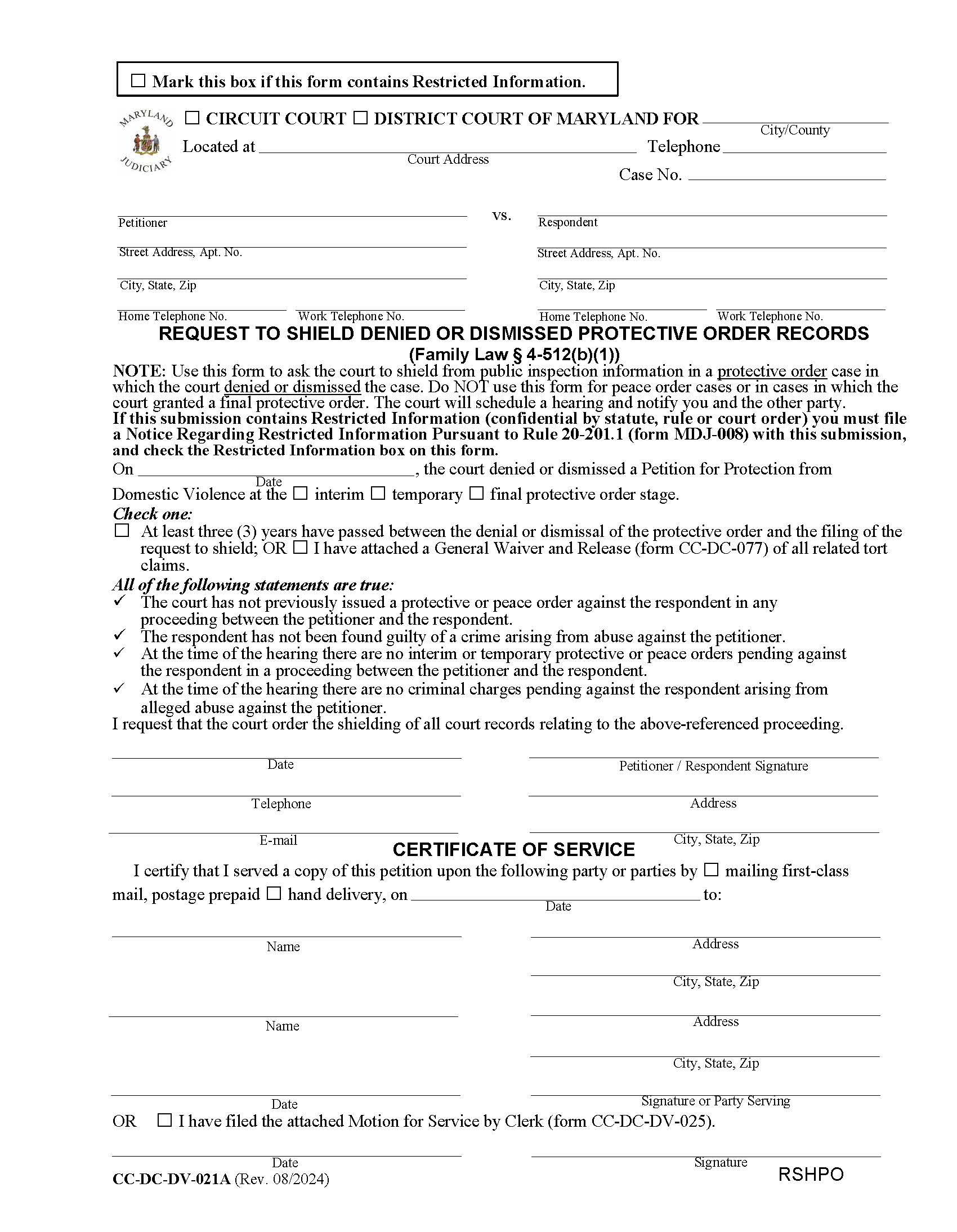 Request To Shield Denied Or Dismissed Protective Order Records {CC-DC-DV-021A} | Pdf Fpdf Docx | Maryland