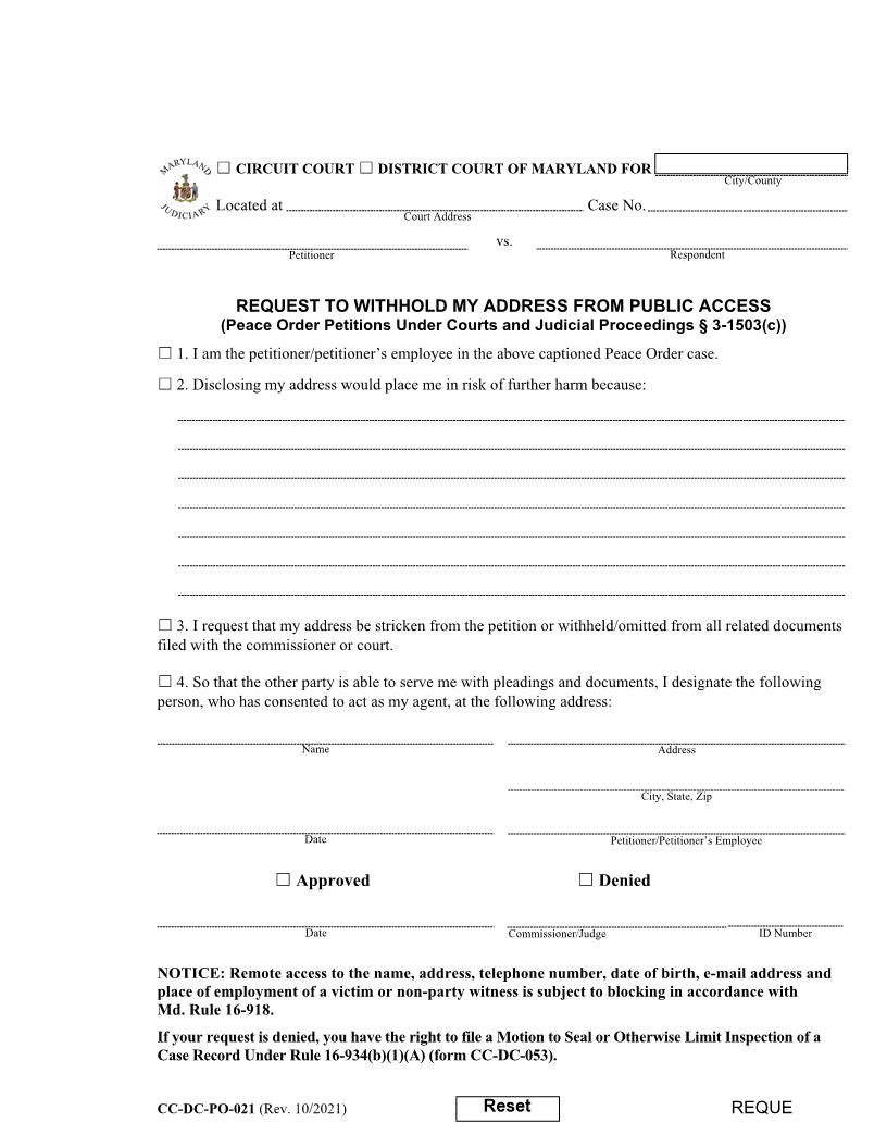 Request To Withhold My Address From Public Access {CC-DC-PO-021} | Pdf Fpdf Docx | Maryland