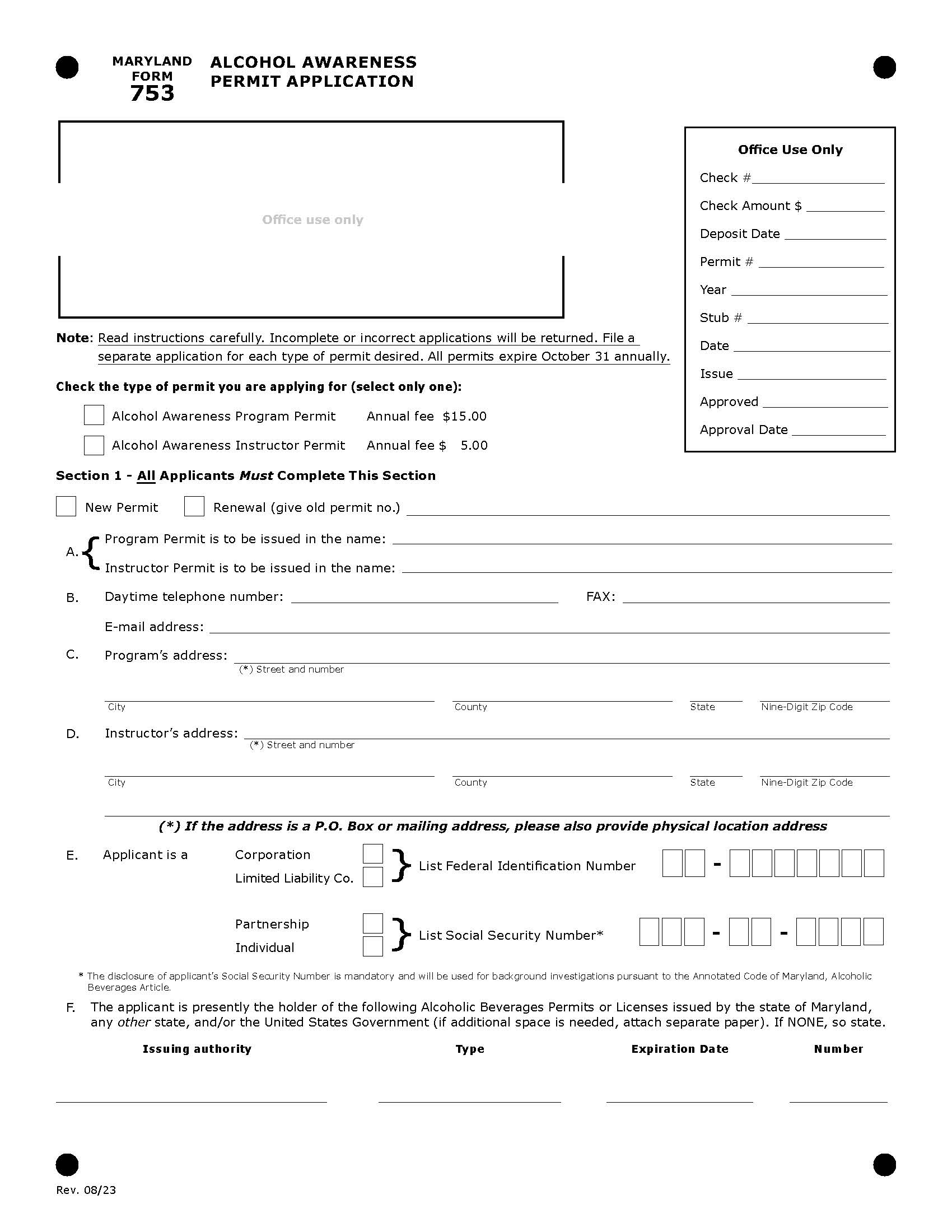 Alcohol Awareness Permit Application {ATT-753} | Pdf Fpdf Doc Docx | Maryland