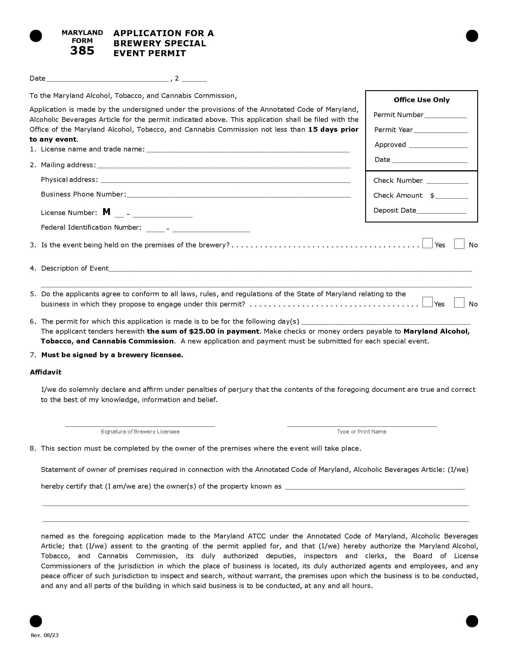 Application For A Brewery Special Event Permit {385} | Pdf Fpdf Doc Docx | Maryland