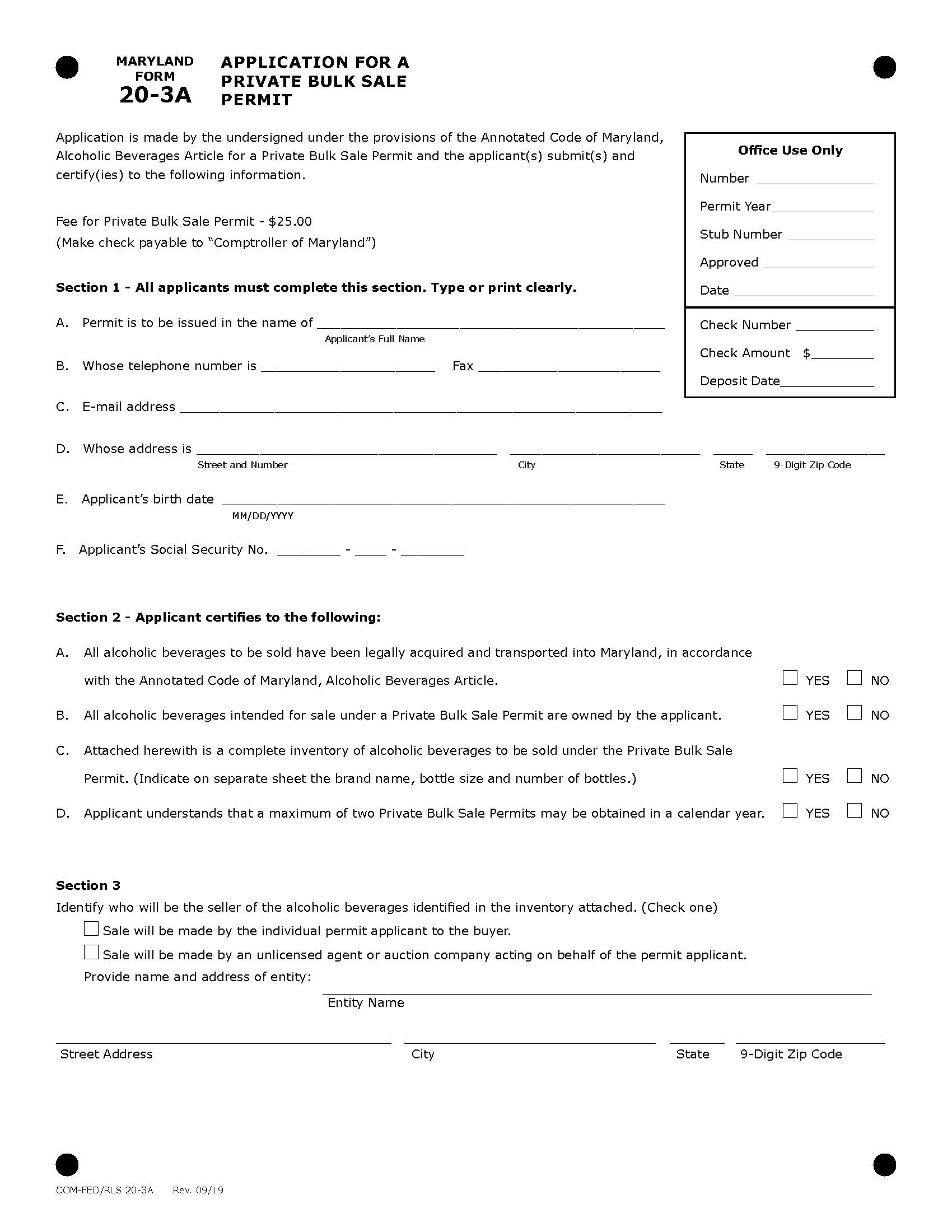 Application For A Private Bulk Sale Permit {ATT-020-3A} | Pdf Fpdf Doc Docx | Maryland