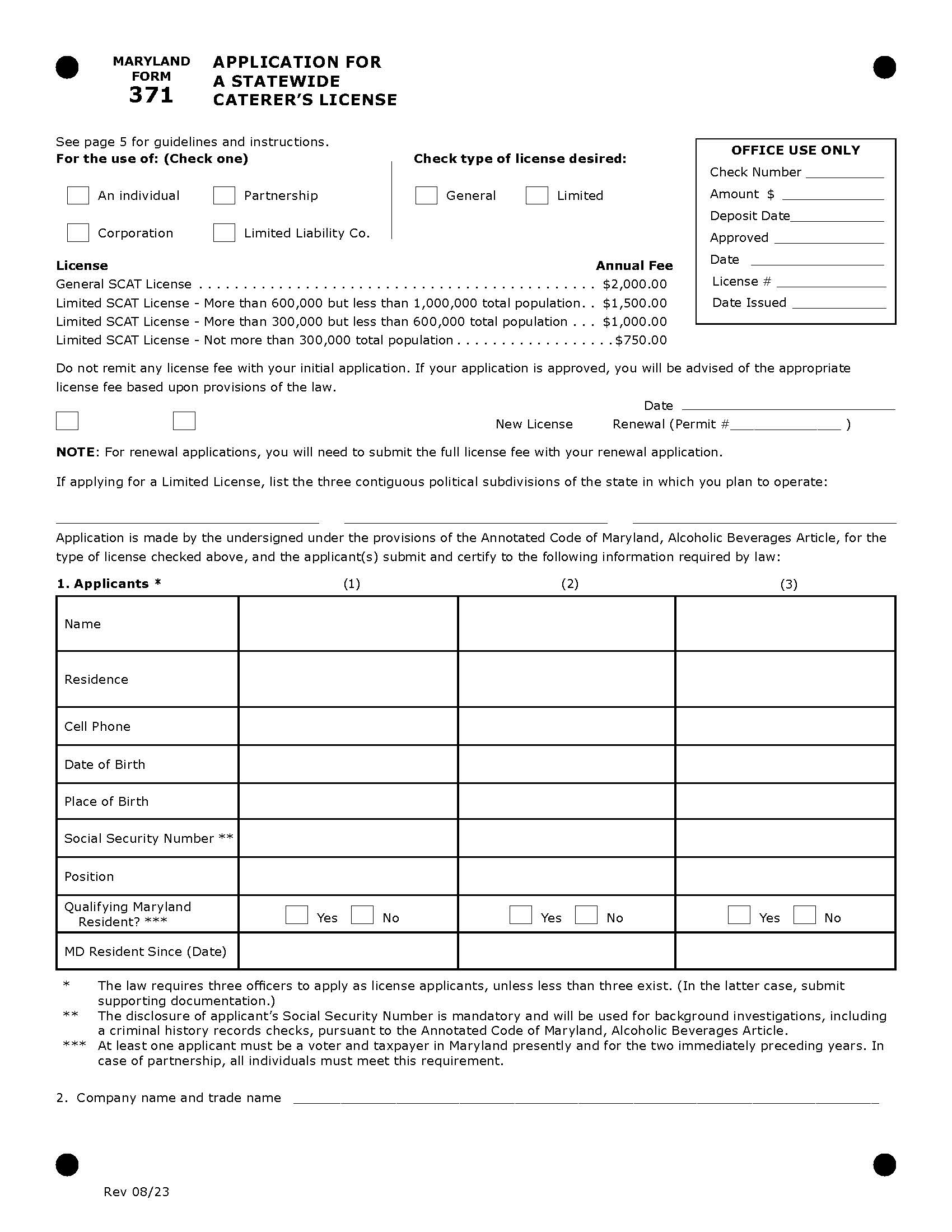 Application For A Statewide Caterers License {371} | Pdf Fpdf Doc Docx | Maryland