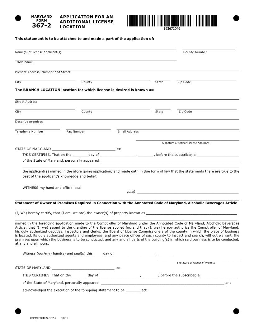 Application For An Additional License Location {367-2} | Pdf Fpdf Docx | Maryland