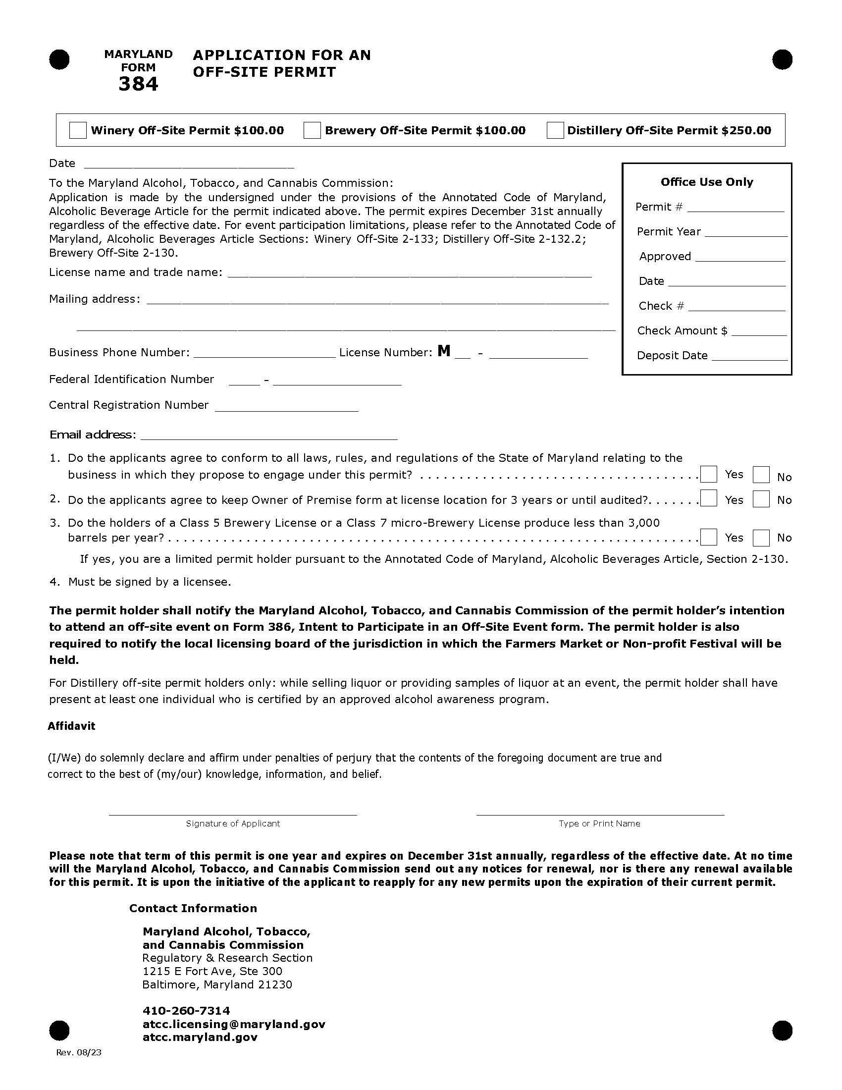 Application For An Off Site Permit {384} | Pdf Fpdf Doc Docx | Maryland
