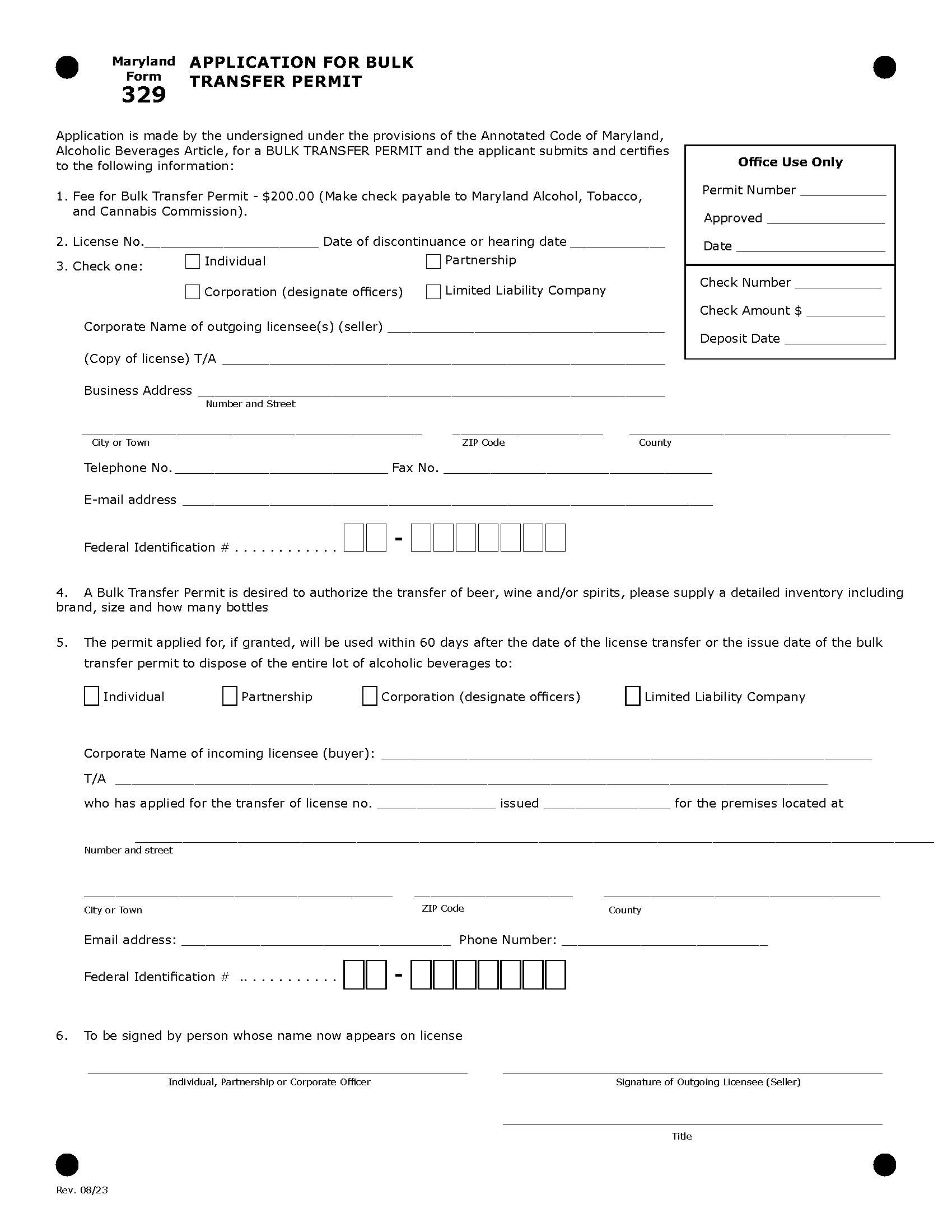 Application For Bulk Transfer Permit {RLS-329} | Pdf Fpdf Doc Docx | Maryland