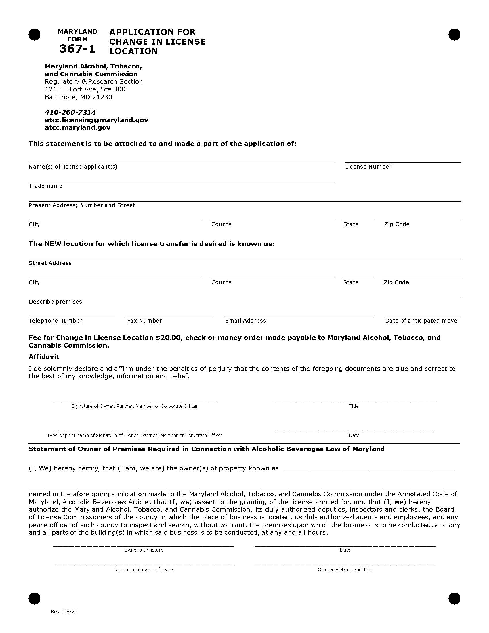 Application For Change In License Location {367-1} | Pdf Fpdf Docx | Maryland