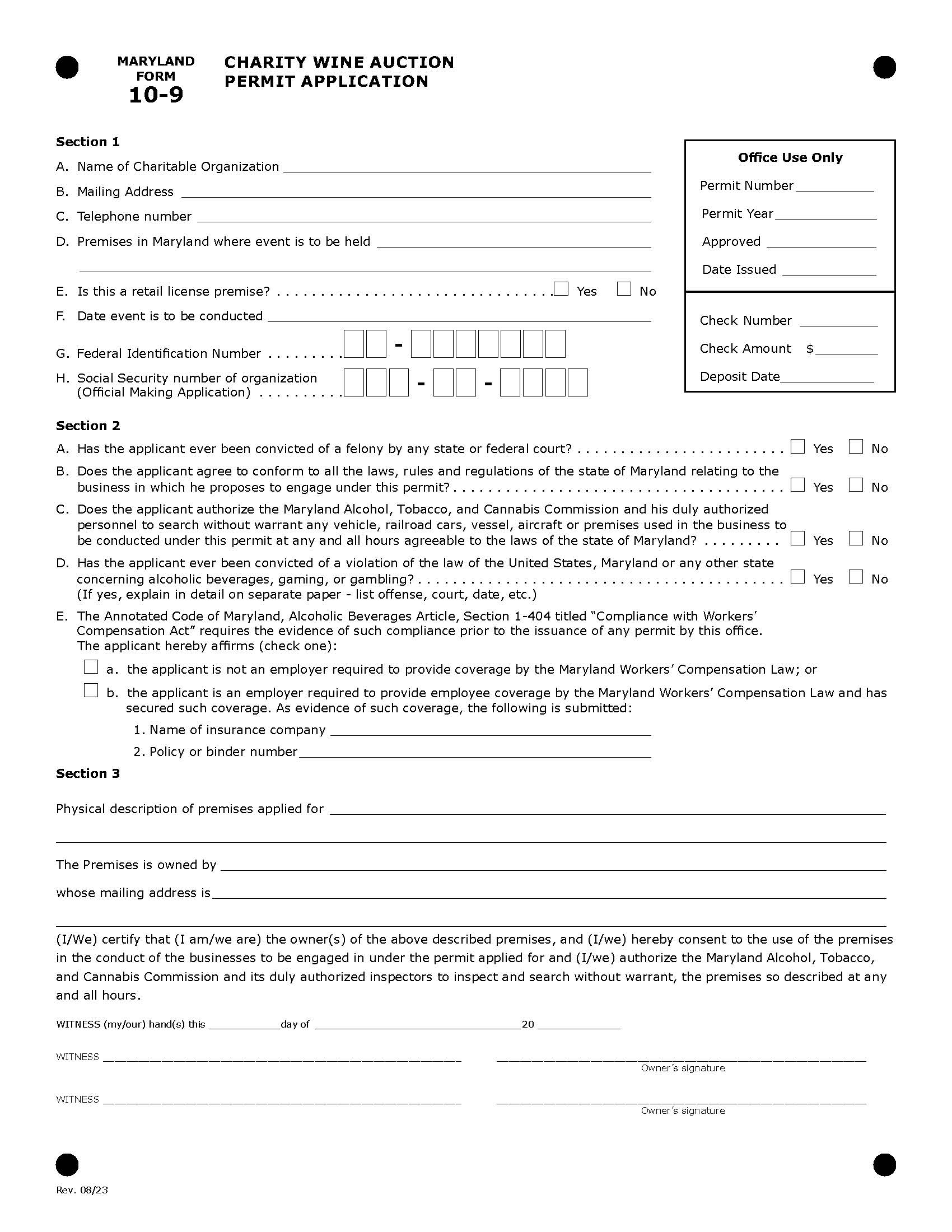 Application For Charity Wine Auction Permit {ATT-10-9} | Pdf Fpdf Doc Docx | Maryland