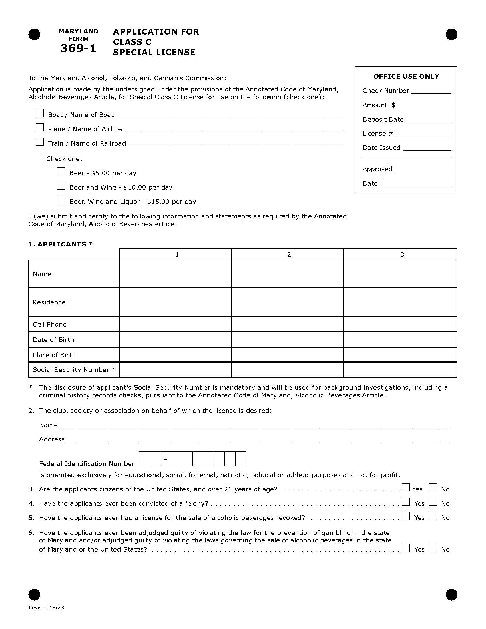 Application For Class C Special License {369-1} | Pdf Fpdf Doc Docx | Maryland