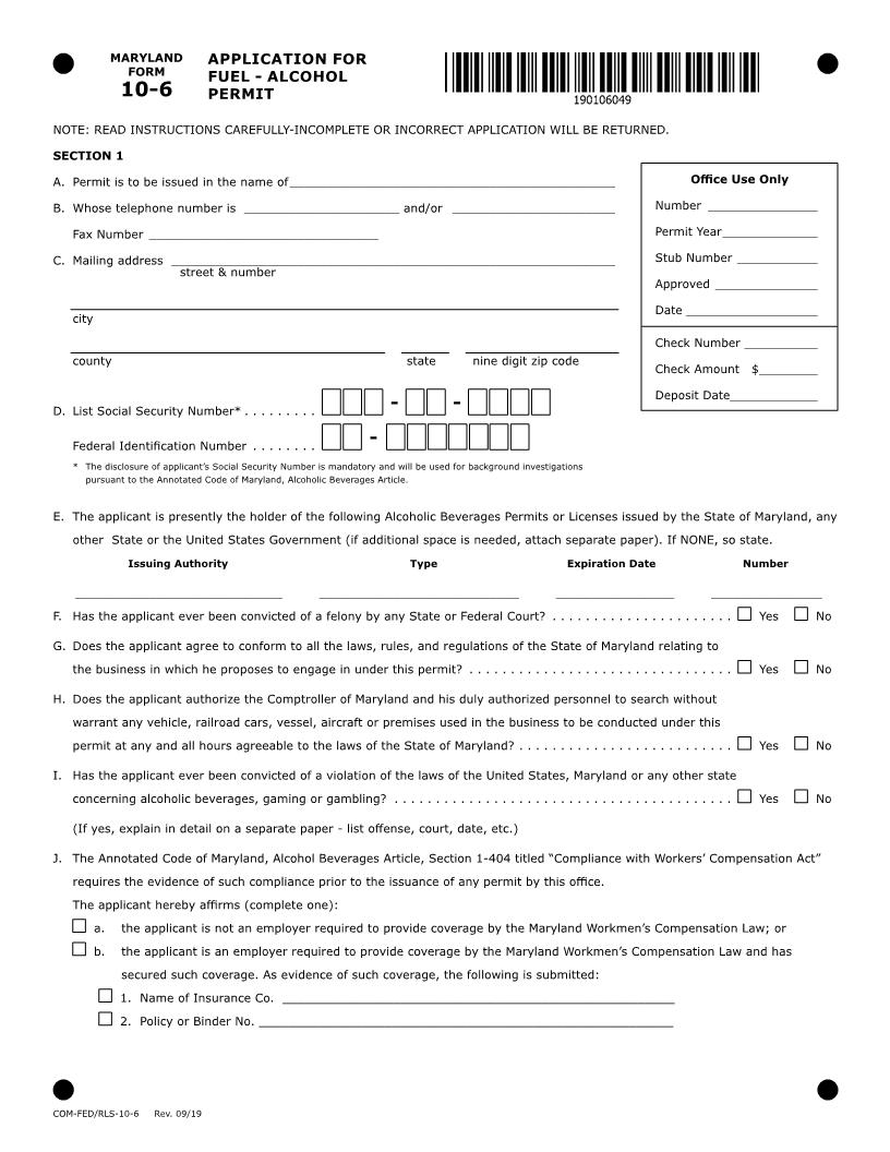 Application For Fuel-Alcohol Permit {ATT-010-6} | Pdf Fpdf Doc Docx | Maryland