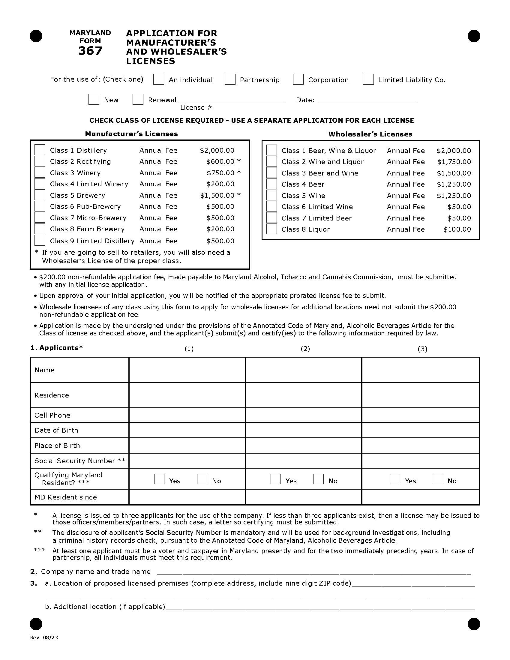 Application For Manufactures And Wholesalers Licenses {367} | Pdf Fpdf Docx | Maryland