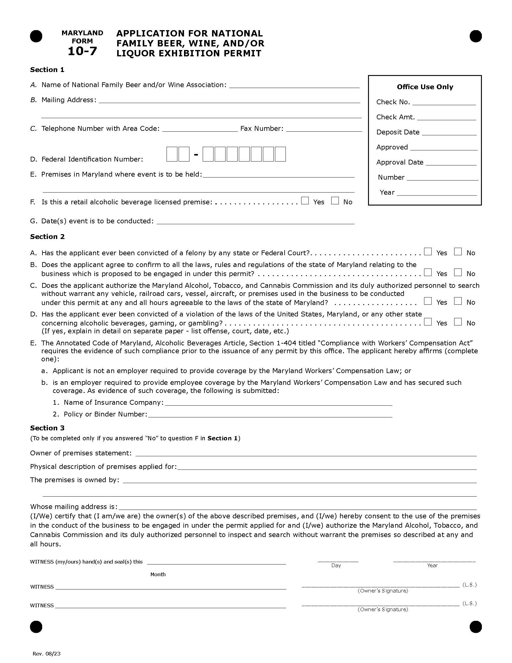 Application For National Family Beer And Or Wine Exhibit Permit {ATT-10-7} | Pdf Fpdf Doc Docx | Maryland