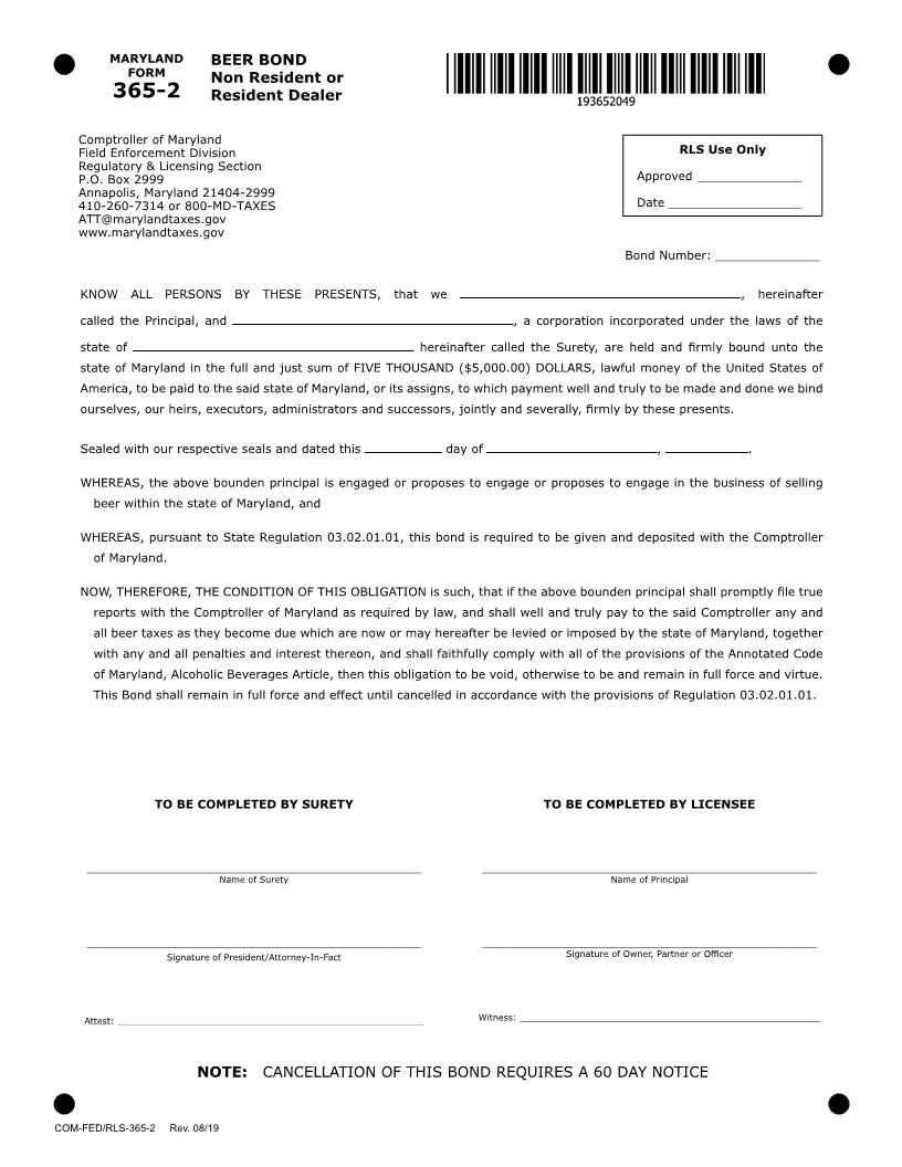 Beer Bond (Non-Resident Or Resident Dealer) {365-2} | Pdf Fpdf Doc Docx | Maryland
