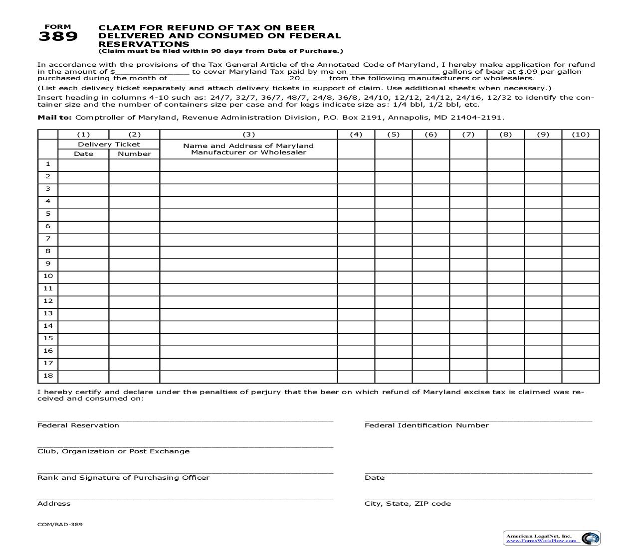 Claim For Refund Of Tax On Beer  On Reservations {389} | Pdf Fpdf Doc Docx | Maryland