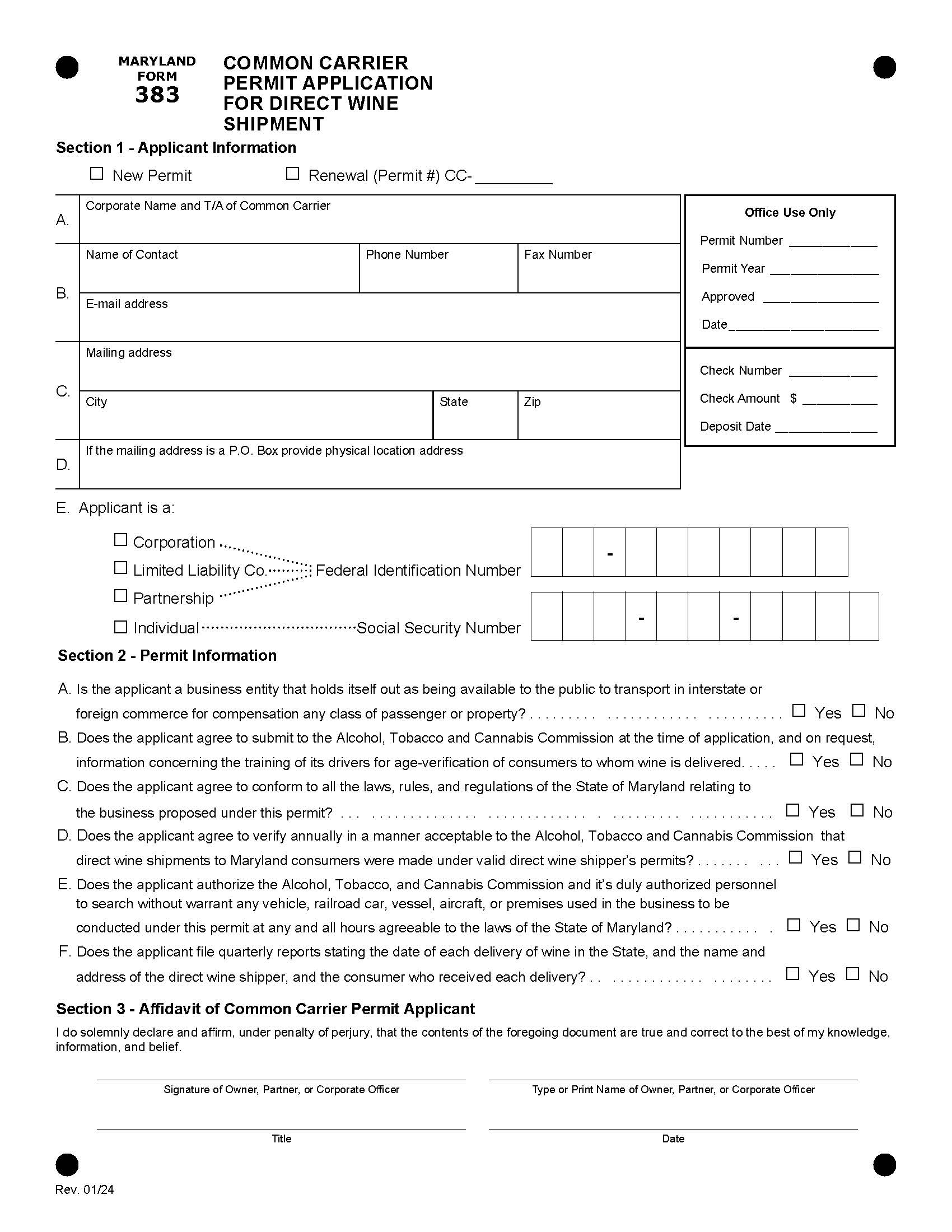 Common Carriers Permit Application For Direct Wine Shipment {RAD-383} | Pdf Fpdf Doc Docx | Maryland