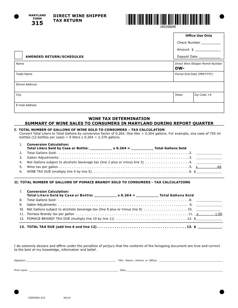 Direct Wine Shipper Tax Return {315} | Pdf Fpdf Doc Docx | Maryland