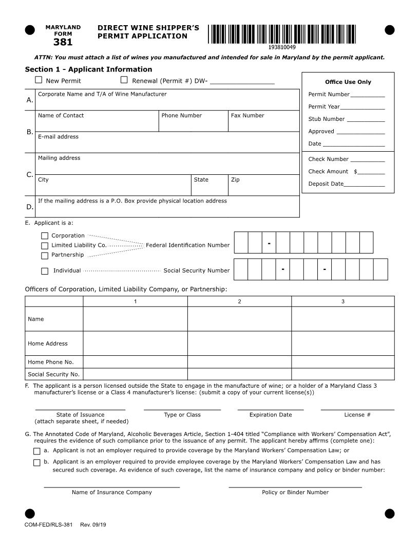 Direct Wine Shippers Permit Application {RAD-381} | Pdf Fpdf Doc Docx | Maryland