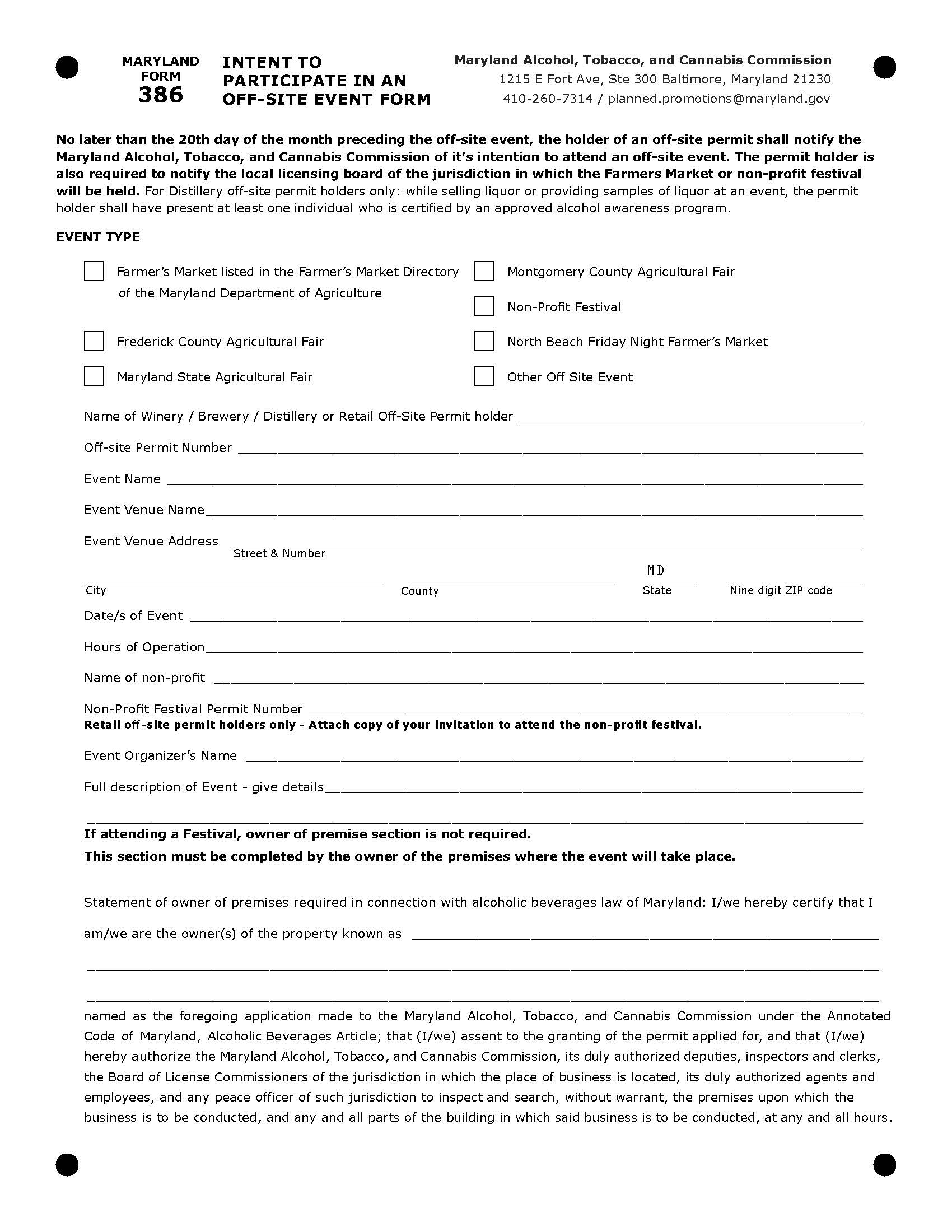 Intent To Participate In An Off Site Event Form {386} | Pdf Fpdf Doc Docx | Maryland