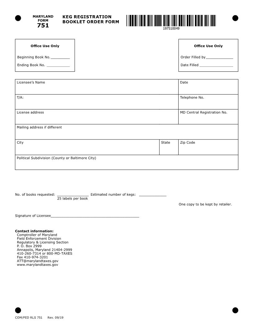 Keg Registration Booklet Order Form {ATT-751} | Pdf Fpdf Doc Docx | Maryland