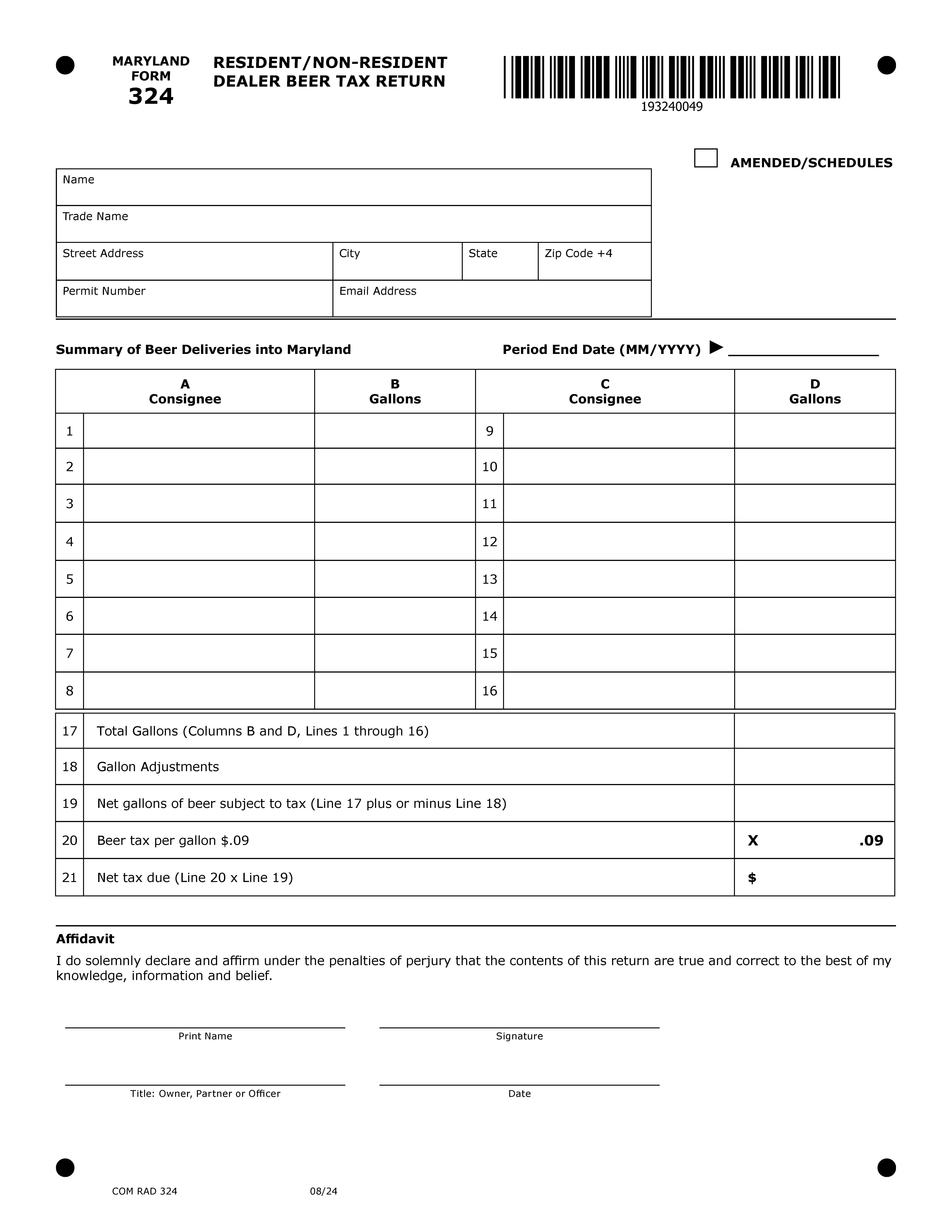 Non Resident And Resident Dealer Beer Tax Return {RAD 324} | Pdf Fpdf Doc Docx | Maryland