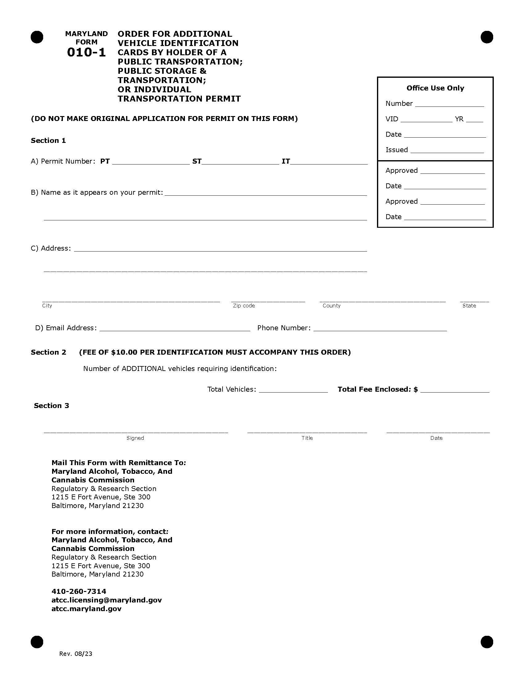 Order For Additional Vehicle Identification Cards {ATT-010-1} | Pdf Fpdf Doc Docx | Maryland