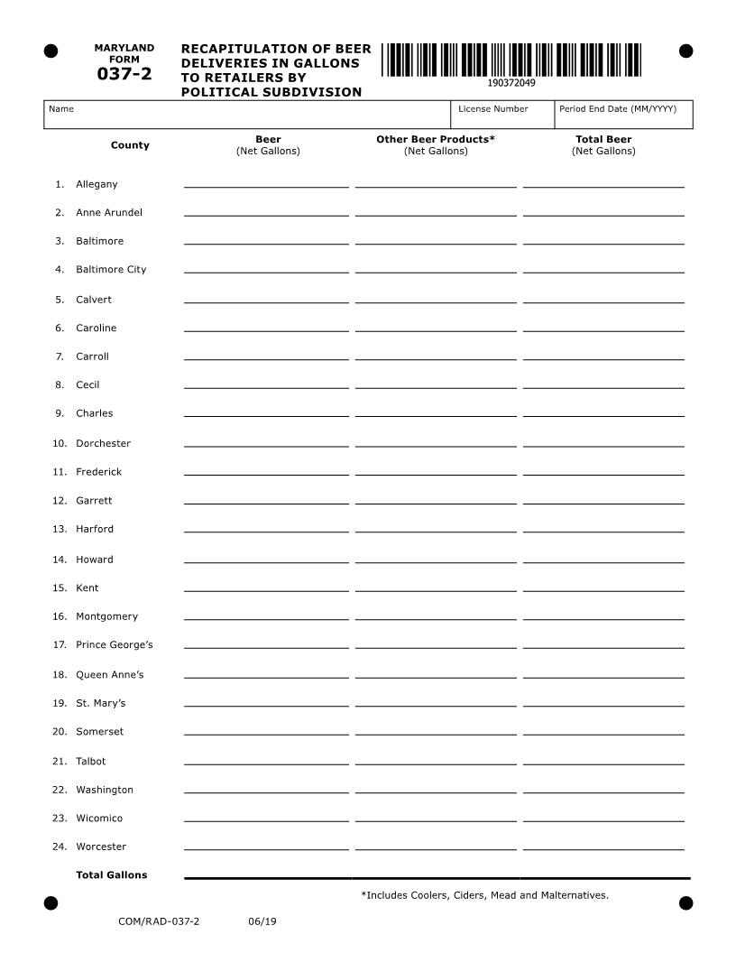 Recapitulation Of Beer Deliveries To Retailers By Political Subdivision {RAD-037-2} | Pdf Fpdf Doc Docx | Maryland