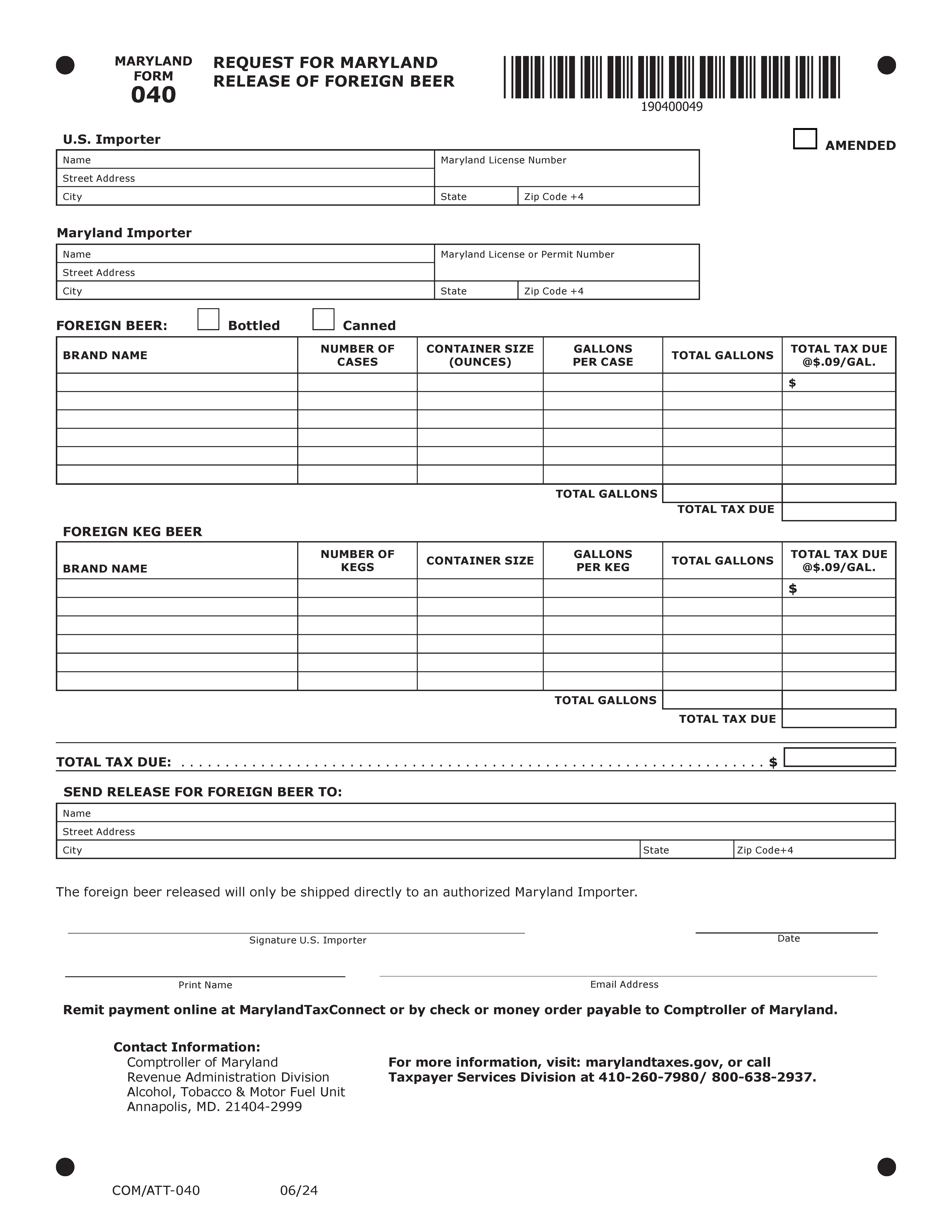 Request For Maryland Release Of Foreign Beer {ATT-40} | Pdf Fpdf Doc Docx | Maryland