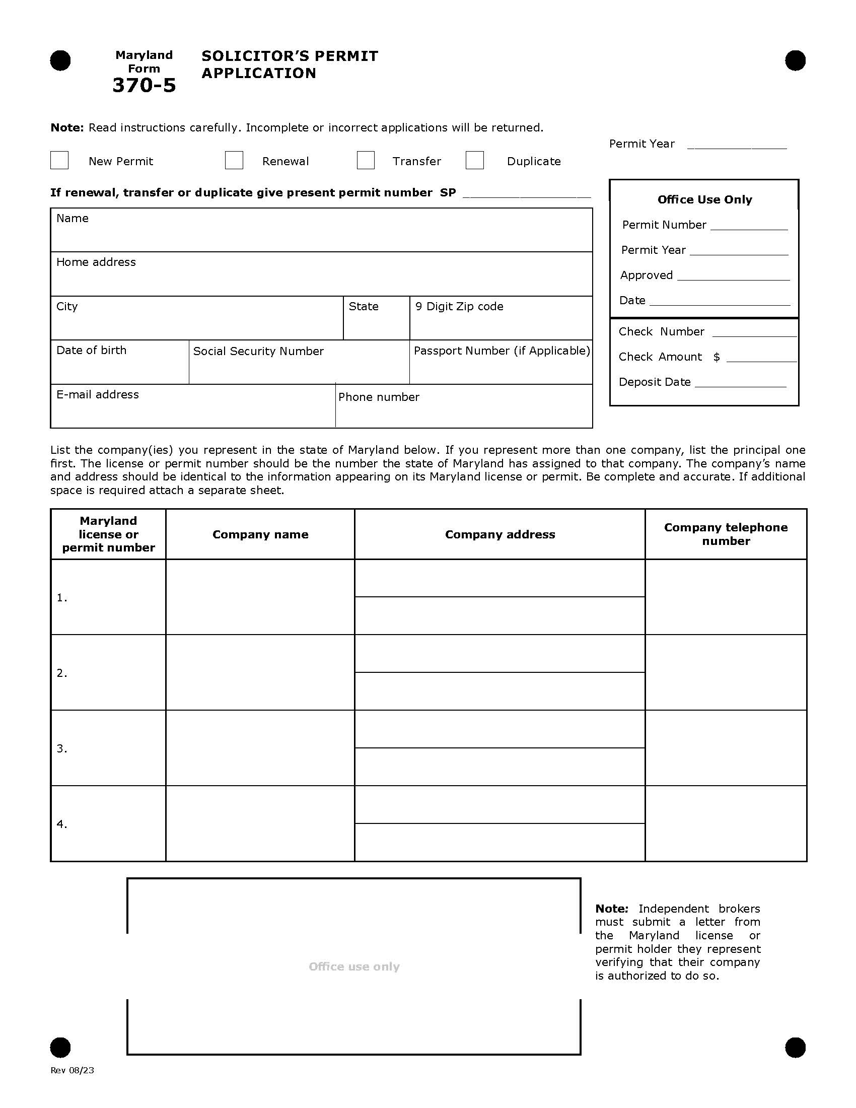 Solicitors Permit Application {370-5} | Pdf Fpdf Doc Docx | Maryland