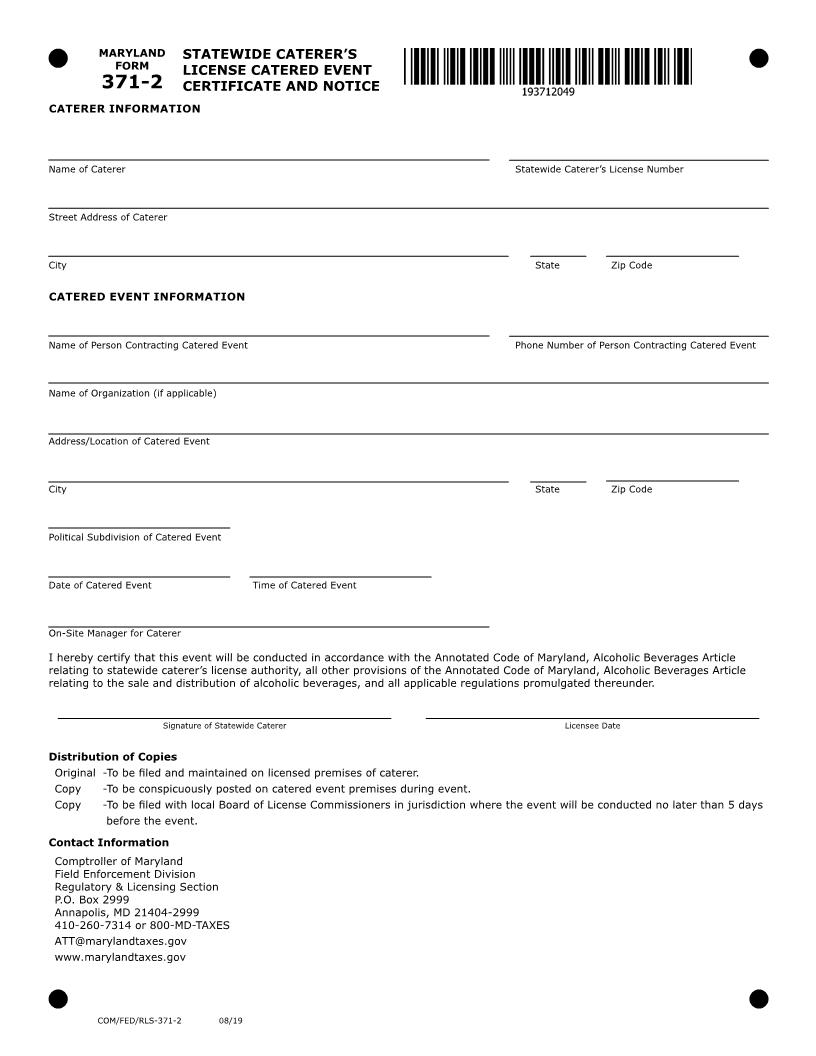 Statewide Caterers License Catered Event Certificate And Notice {371-2} | Pdf Fpdf Doc Docx | Maryland