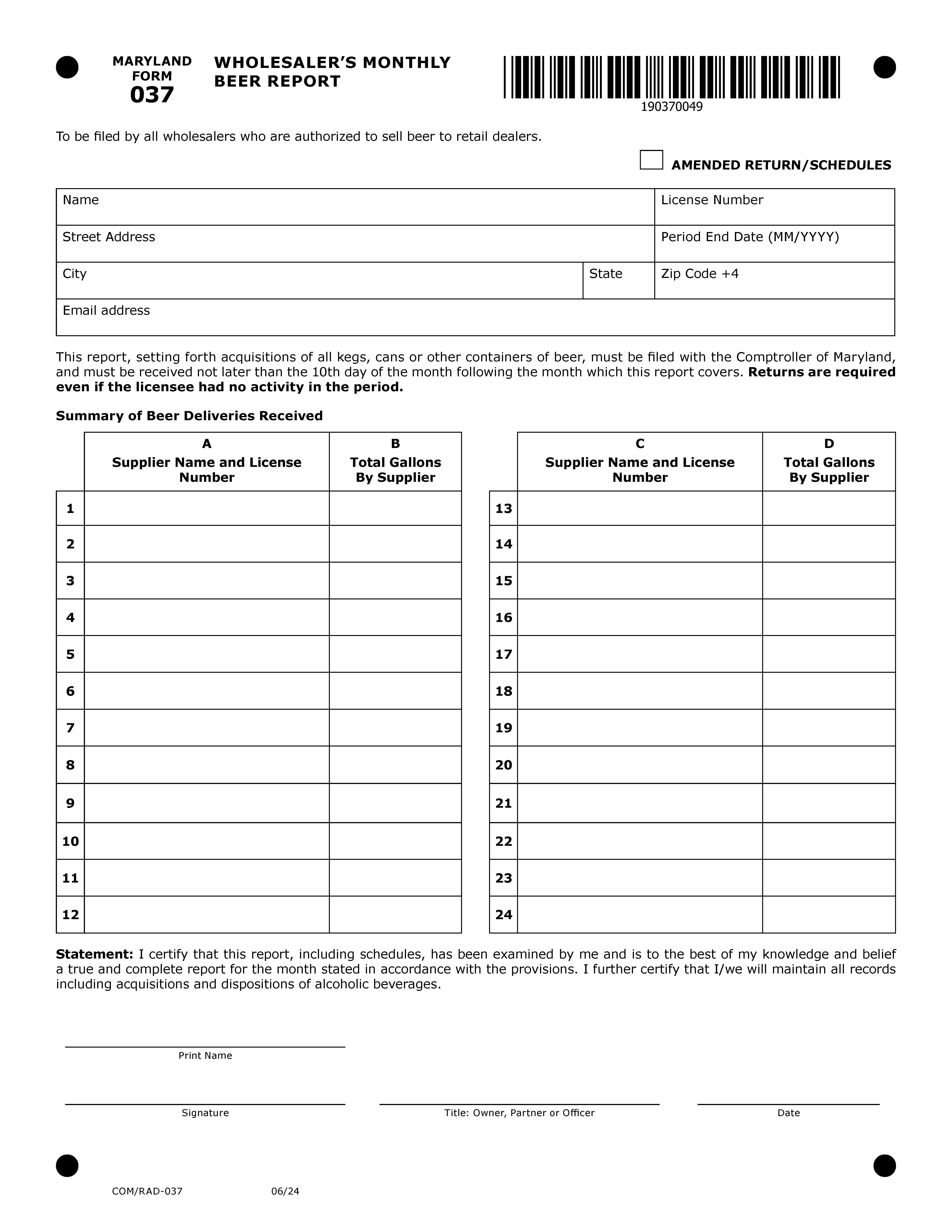 Wholesalers Monthly Beer Report {RAD-037} | Pdf Fpdf Doc Docx | Maryland