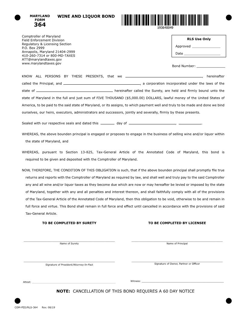 Wine And Liquor Bond {364} | Pdf Fpdf Doc Docx | Maryland