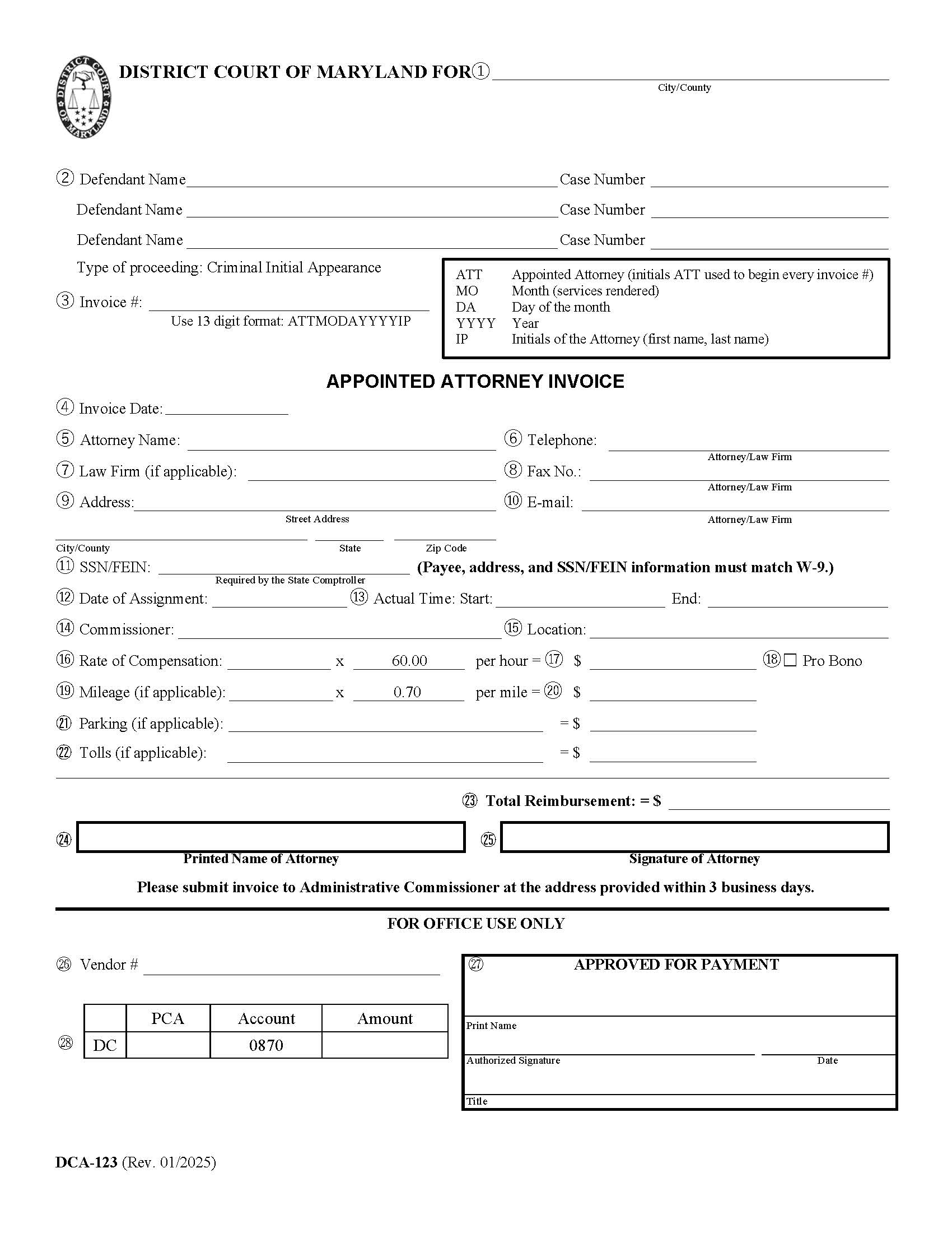 Appointed Attorney Invoice {DCA-123} | Pdf Fpdf Docx | Maryland