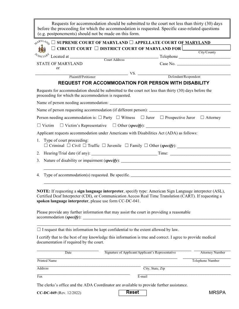 Request For Accommodation By Persons With Disability {DC 49} | Pdf Fpdf Doc Docx | Maryland