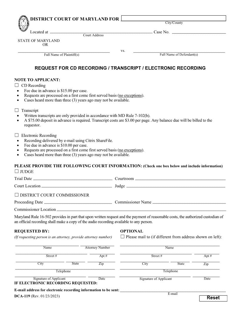 Request For CD Recording Transcript {DCA-119} | Pdf Fpdf Docx | Maryland