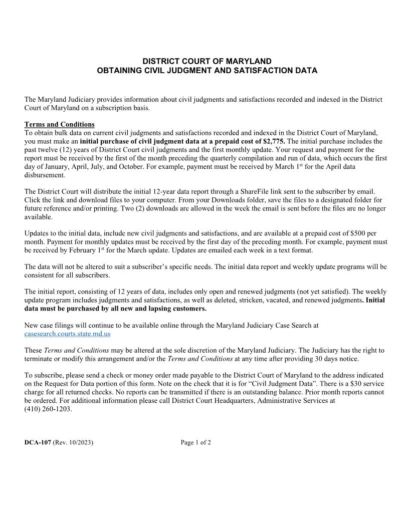 Request For Data (Civil Judgment And Satisfaction Data Request) {DCA 107} | Pdf Fpdf Docx | Maryland