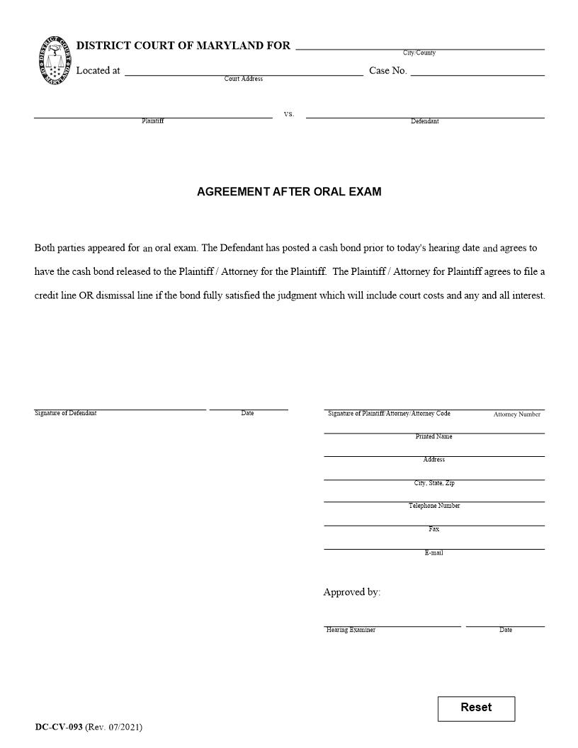 Agreement After Oral Exam {DC-CV-93} | Pdf Fpdf Doc Docx | Maryland