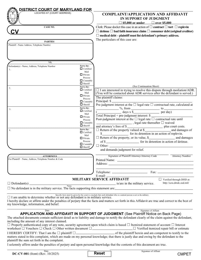 Application And Affidavit In Support Of Judgment {DC-CV 1} | Pdf Fpdf Docx | Maryland