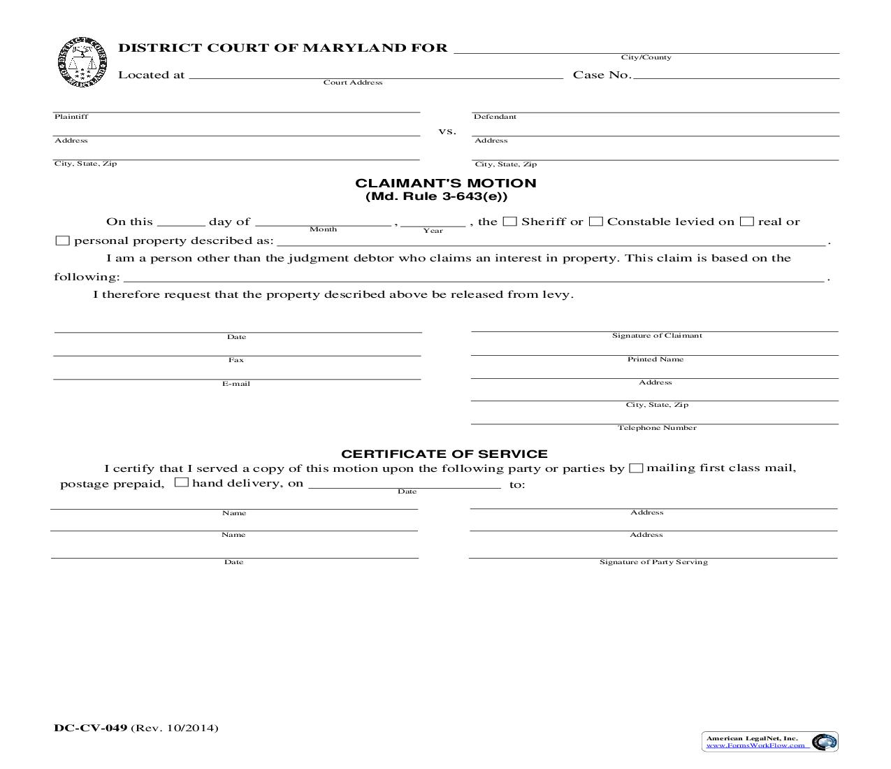 Claimants Motion {DC-CV 49} | Pdf Fpdf Doc Docx | Maryland