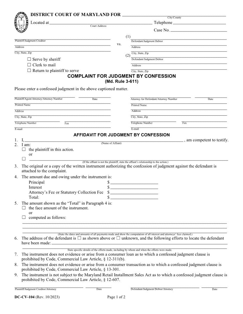 Complaint And Affidavit For Judgment By Confession {DC-CV 104} | Pdf Fpdf Doc Docx | Maryland