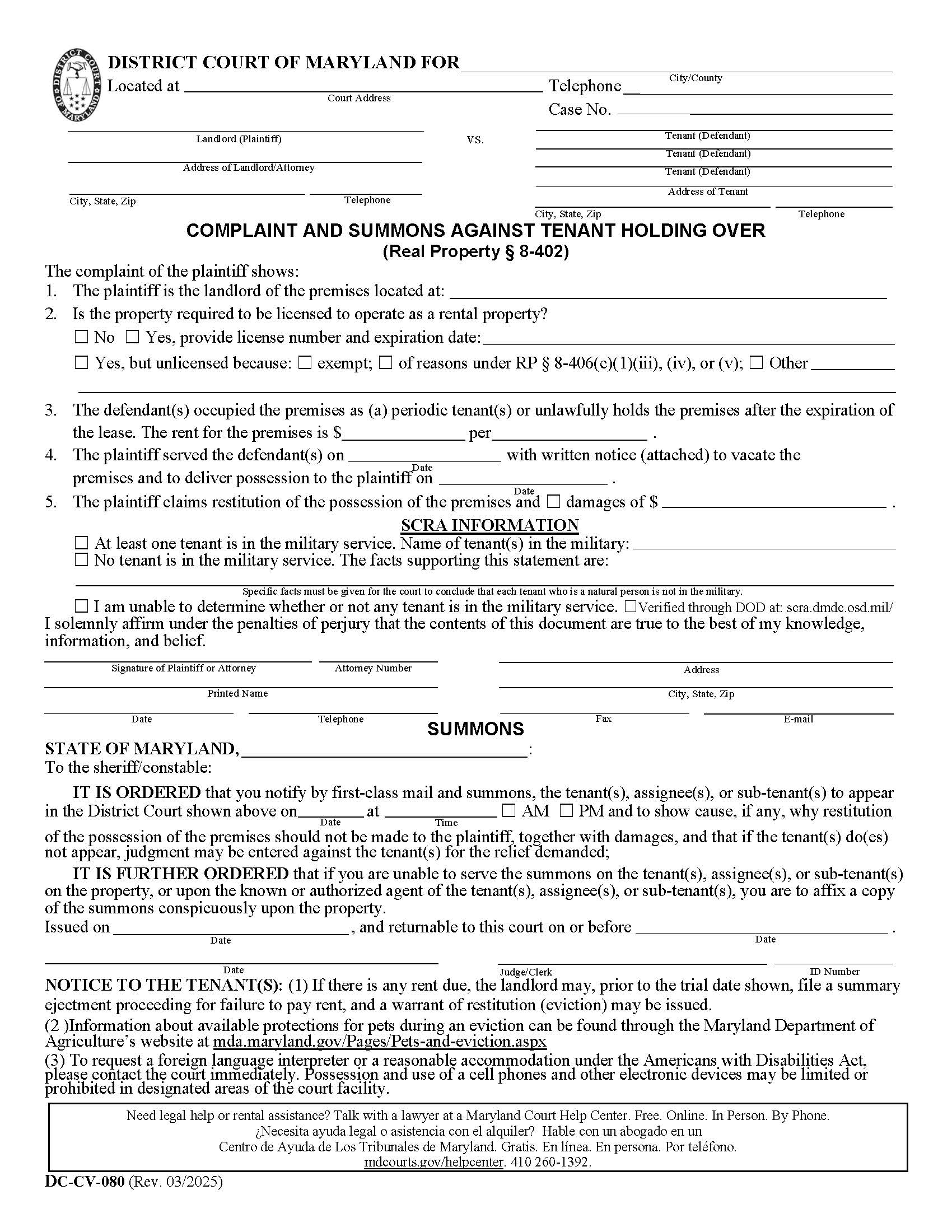 Complaint And Summons Against Tenant Holding Over {DC-CV 80} | Pdf Fpdf Doc Docx | Maryland