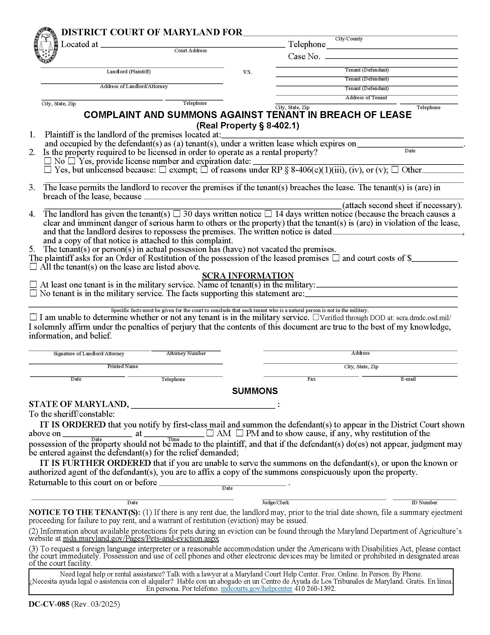 Complaint And Summons Against Tenant In Breach Of Lease {DC-CV 85} | Pdf Fpdf Doc Docx | Maryland