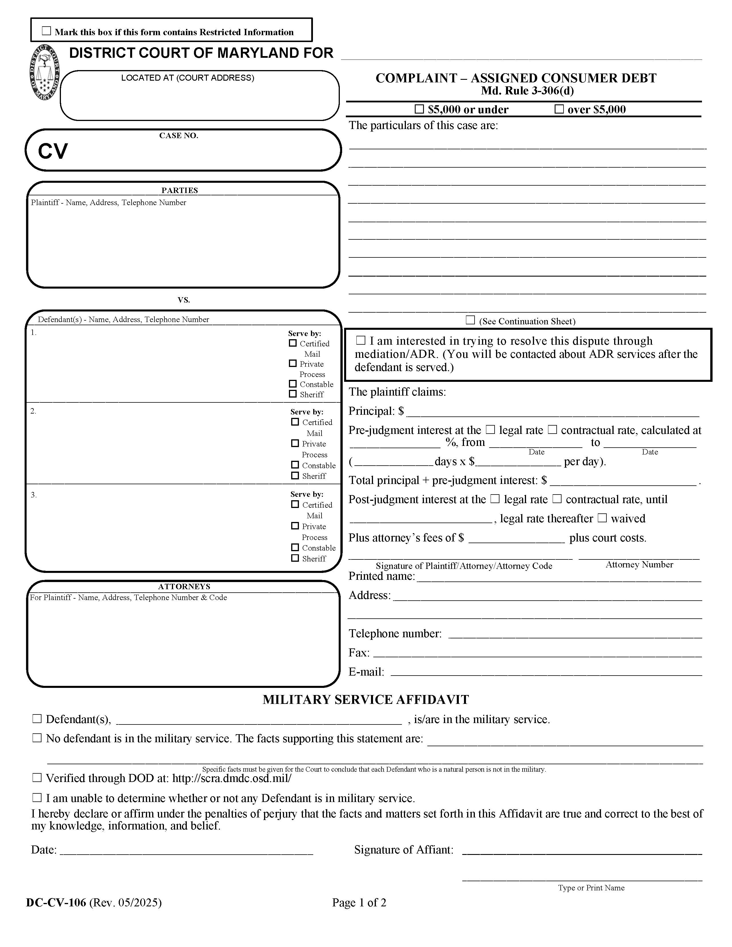 Complaint Assigned Consumer Debt {DC-CV 106} | Pdf Fpdf Docx | Maryland