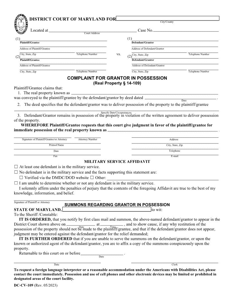 Complaint For Grantor In Possession {DC-CV-109} | Pdf Fpdf Docx | Maryland