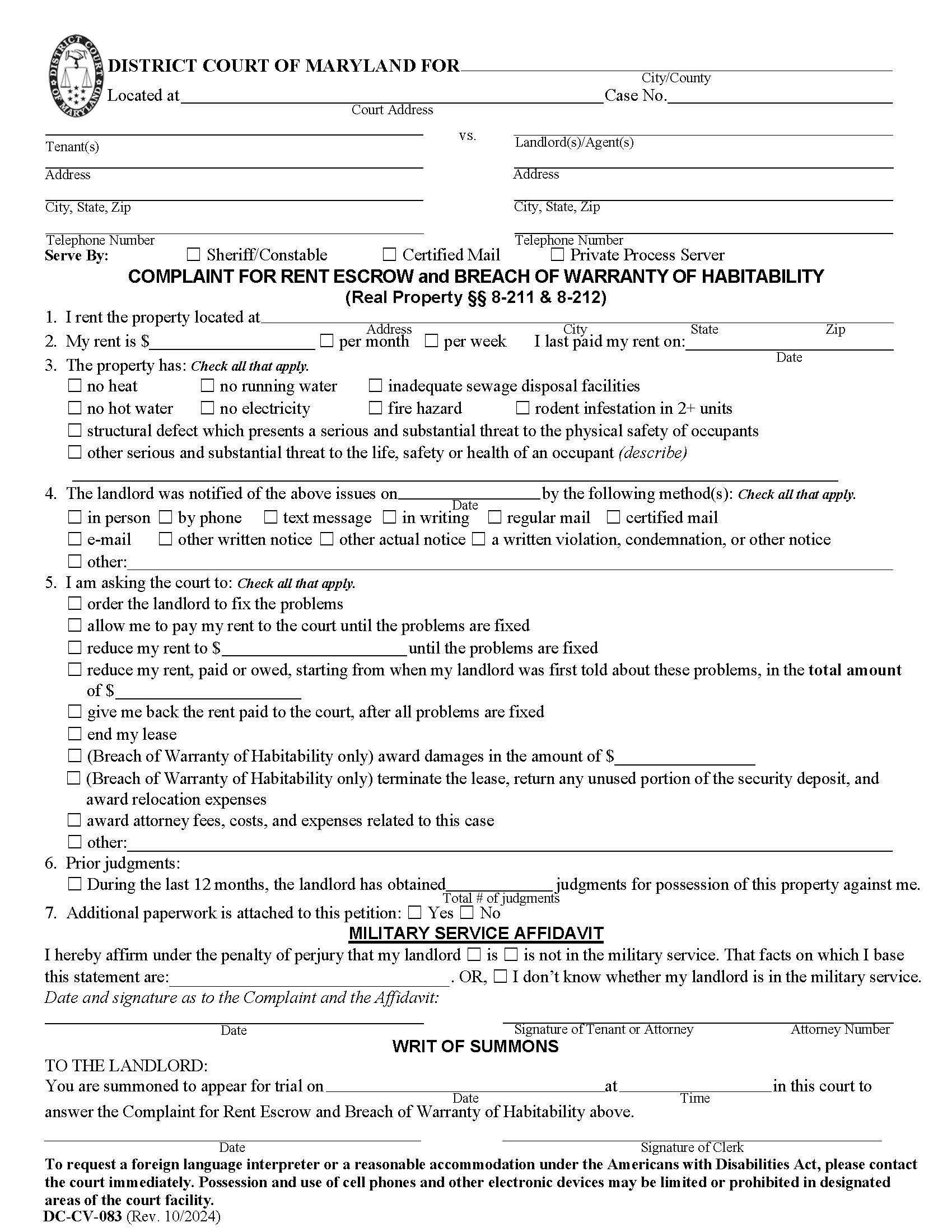 Complaint For Rent Escrow Or Injunction {DC-CV-83} | Pdf Fpdf Doc Docx | Maryland