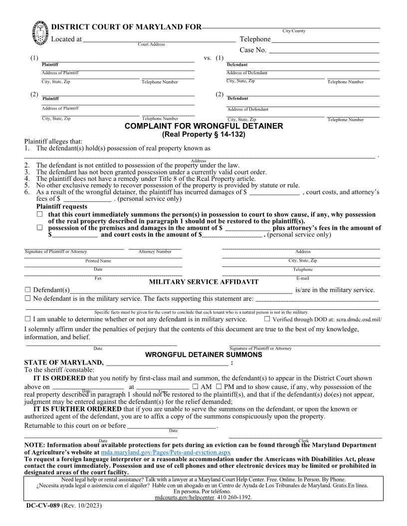 Complaint For Wrongful Detainer {DC-CV-089} | Pdf Fpdf Doc Docx | Maryland